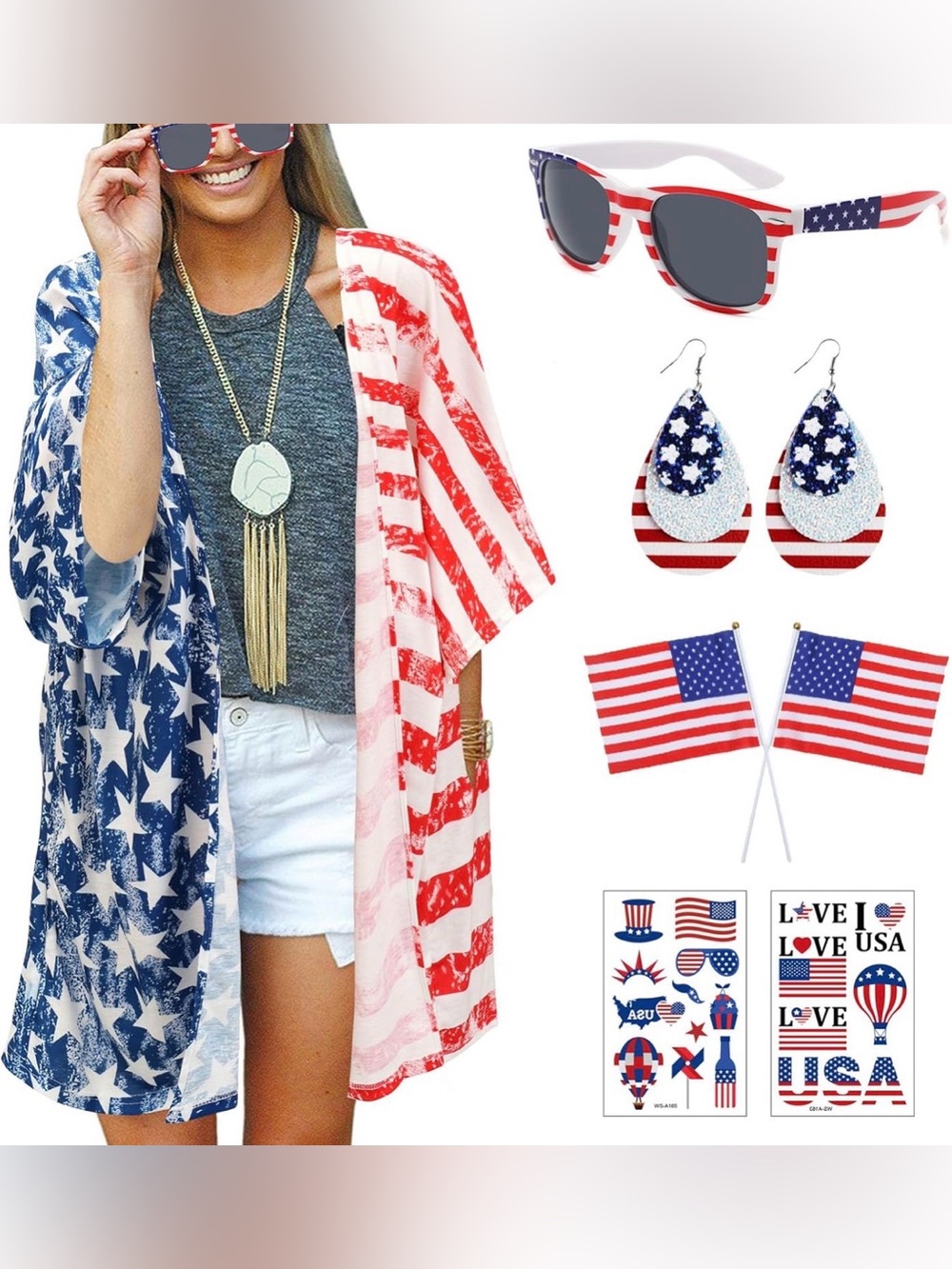 7-Piece 4th of July Patriotic Kimono Cover Up & Accessories 4th of July Outfit